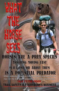 A horse sees a scary Hiker and may want to run away.